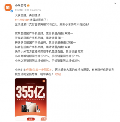 小米618全渠道支付金额突破355亿：刷新小米历年大促纪录-萌图百科