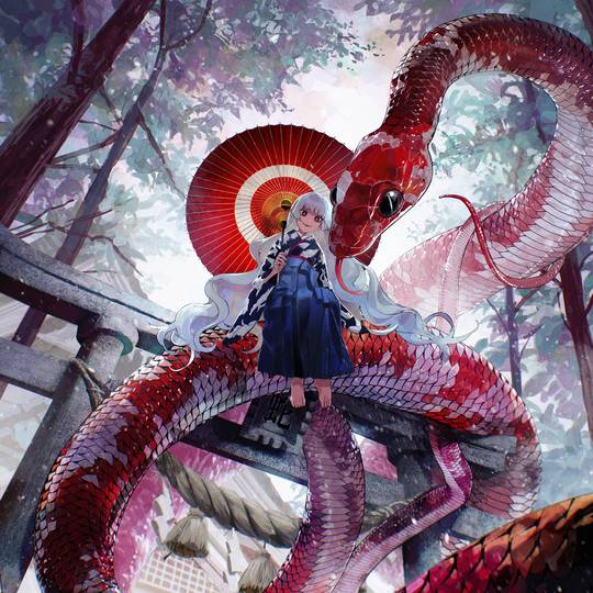 原创, 女孩子, 风景, 贺年卡, 年賀絵, 蛇