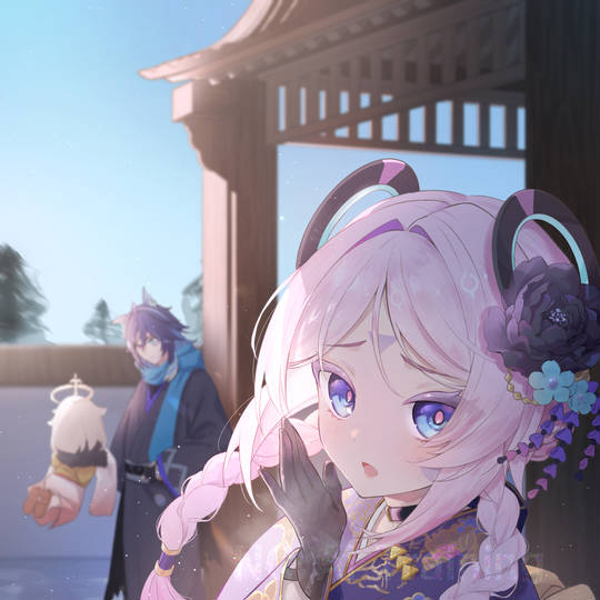 原神, GenshinImpact, 茜特菈莉, 派蒙（原神）, 和服, 粉色头发, 照れ顔, 手套, 正月, illustration