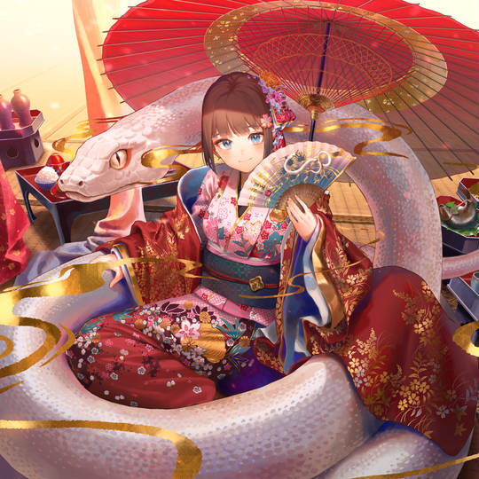原创, 贺年卡, お正月, 和服, 女孩子, 白蛇