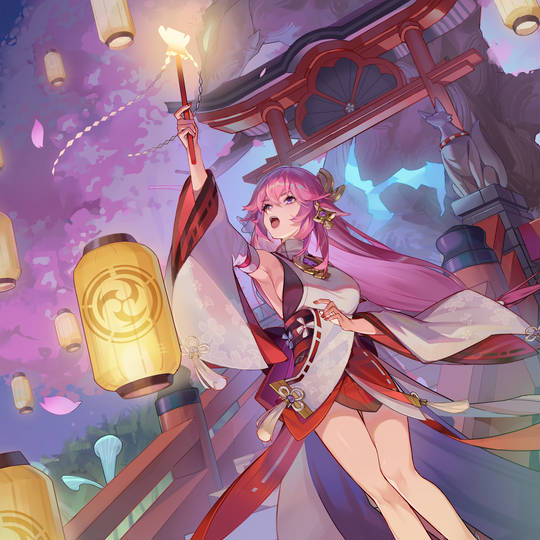 pixivSnow2024, GenshinImpact, illustration, 原神, 八重神子, コン・ミン・ランタン, アンシエントリー, 祈る, 孔明灯, 祈福