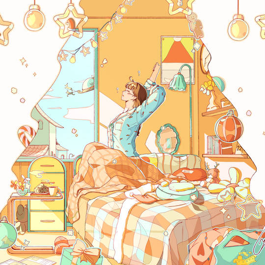 原创, 女孩子, 插画, 圣诞节, 背景, 房间
