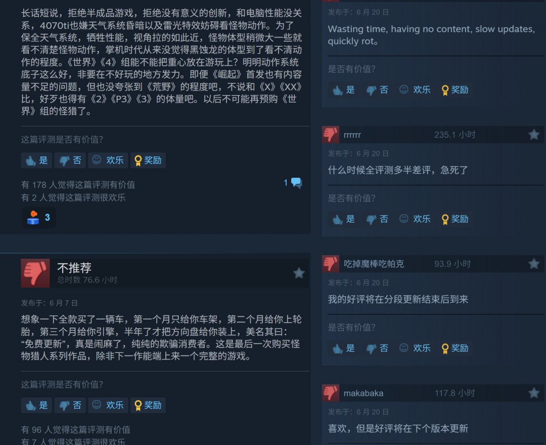 《怪物猎人：荒野》Steam差评如潮 在线已不及《怪物猎人：世界》