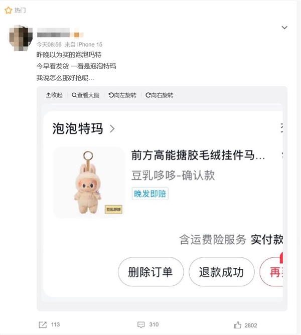 网友抢到LABUBU：一看店名是泡泡特玛-萌图百科