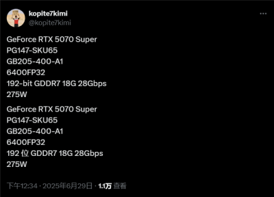 显存容量大增50%！RTX 5070 SUPER规格曝光：6400核心、275W-萌图百科