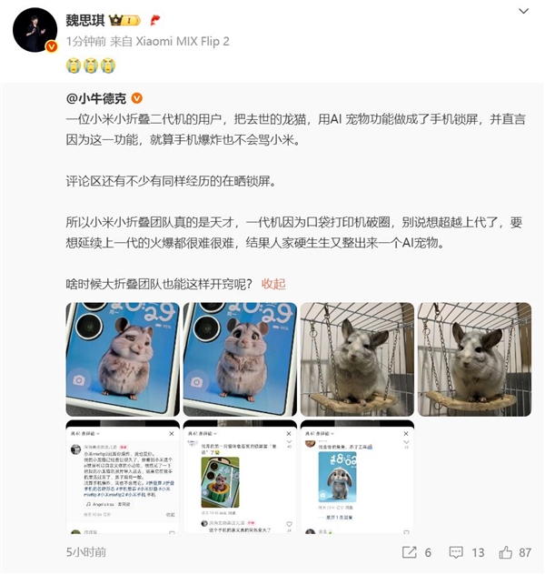 网友种草小米MIX Flip 2 AI萌宠功能：称就算手机爆炸也不会骂小米