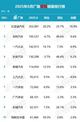 中国6月汽车厂商销量榜：合资跌落神坛 国产车前五占据四席-萌图百科