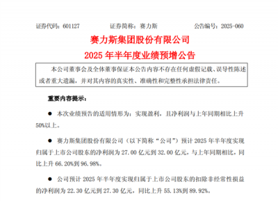 赛力斯：2025年上半年净利润预计27-32亿元 同比预增66%-97%-萌图百科