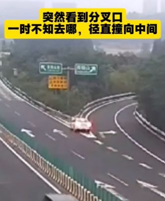 高速分叉口俩路牌仅差一个字 小轿车因太纠结撞向中间护栏-萌图百科