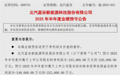 北汽蓝谷财报预警：上半年亏损或达24.5亿元-萌图百科