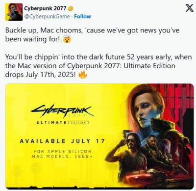 《赛博朋克2077：终极版》将于7月17日登陆Mac 支持光追-萌图百科