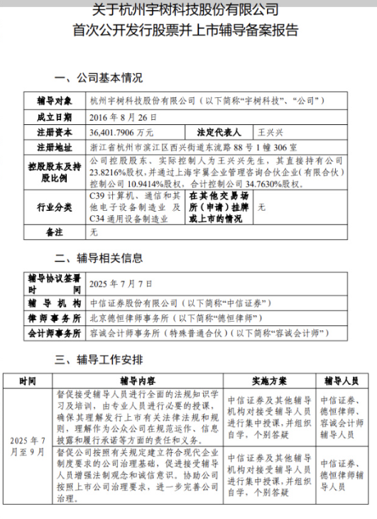 宇树科技IPO已完成辅导备案 中信、容诚、德恒为辅导机构-萌图百科