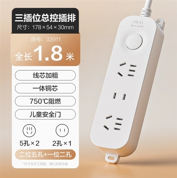 750℃阻燃+儿童安全门：得力1.8米迷你插排13.9元大促-萌图百科